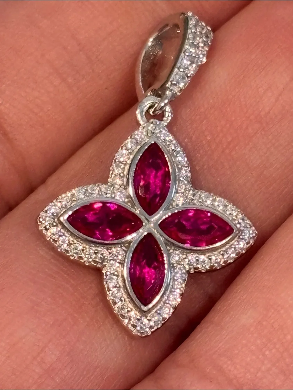925 Sterling Silver Four-Petal Ruby CZ Pendant NEW